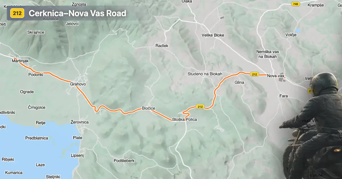 Map of Cerknica–Nova Vas Road motorcycle route with route overlay